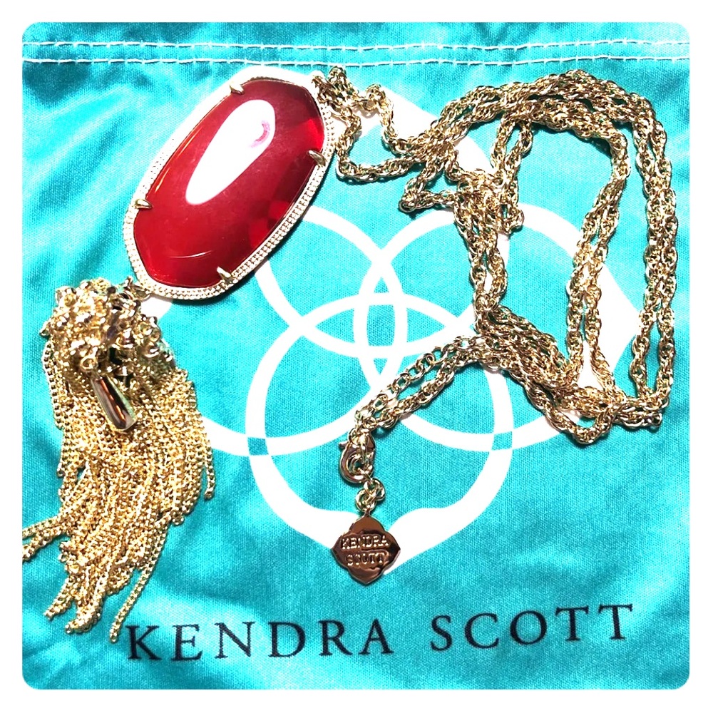 Kendra Scott Gold Necklace with Red Oval Pendant and Tassel Fringe